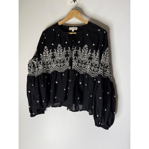 Jennifer & Grace Tops - Jennifer & Grace Black Embroidered Cotton Peasant Blouse Balloon Sleeve Large